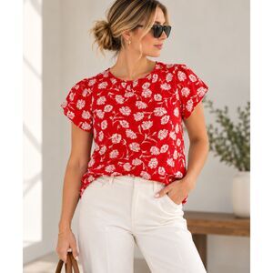 Premise Red White Floral Blouse Women’s 1X Short Sleeve Workwear Top